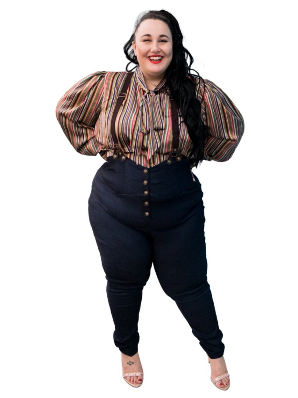 Unique Vintage Earth Tone Striped Long Sleeve Button Down Neck Bow Blouse